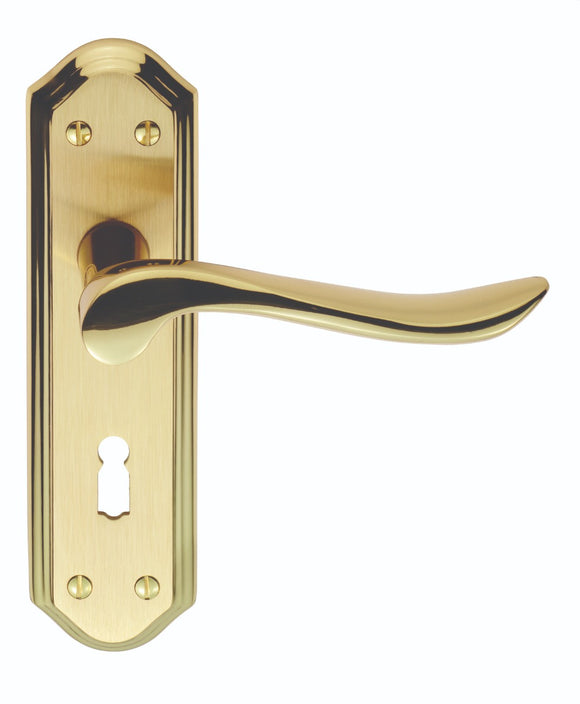 LYTHAM LEVER ON BACKPLATE - LOCK 57MM C/C SATIN BRASS BACKPLATE FACE POLISHED EDGES AND LEVER