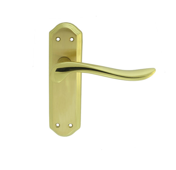 LYTHAM LEVER ON BACKPLATE - LATCH SATIN BRASS BACKPLATE FACE POLISHED EDGES AND LEVER